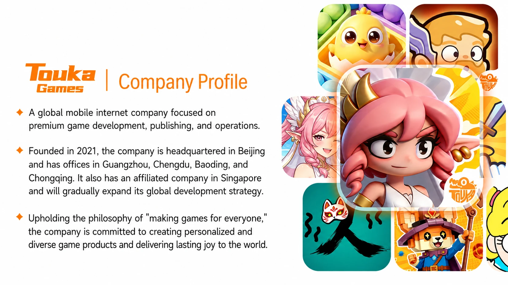 Touka Games company profile showing its locations and game portfolio