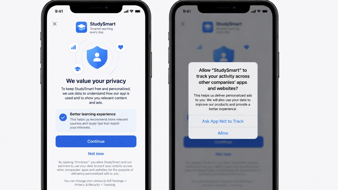 A real iOS app education screen beside the App Tracking Transparency system prompt, showing how the custom explanation leads into Apple's permission choice.