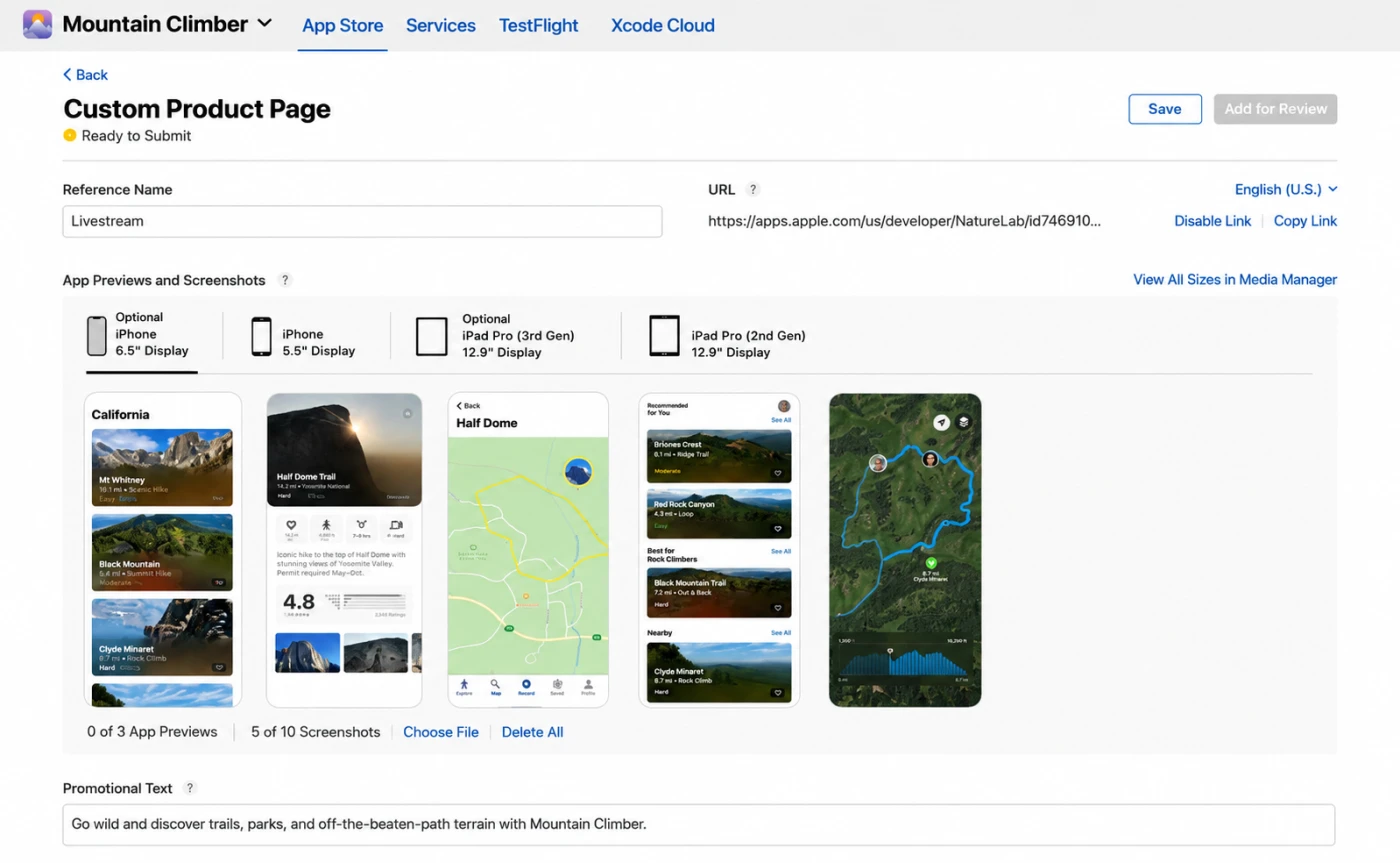 App Store Connect Custom Product Page editor showing localized screenshots and promotional text