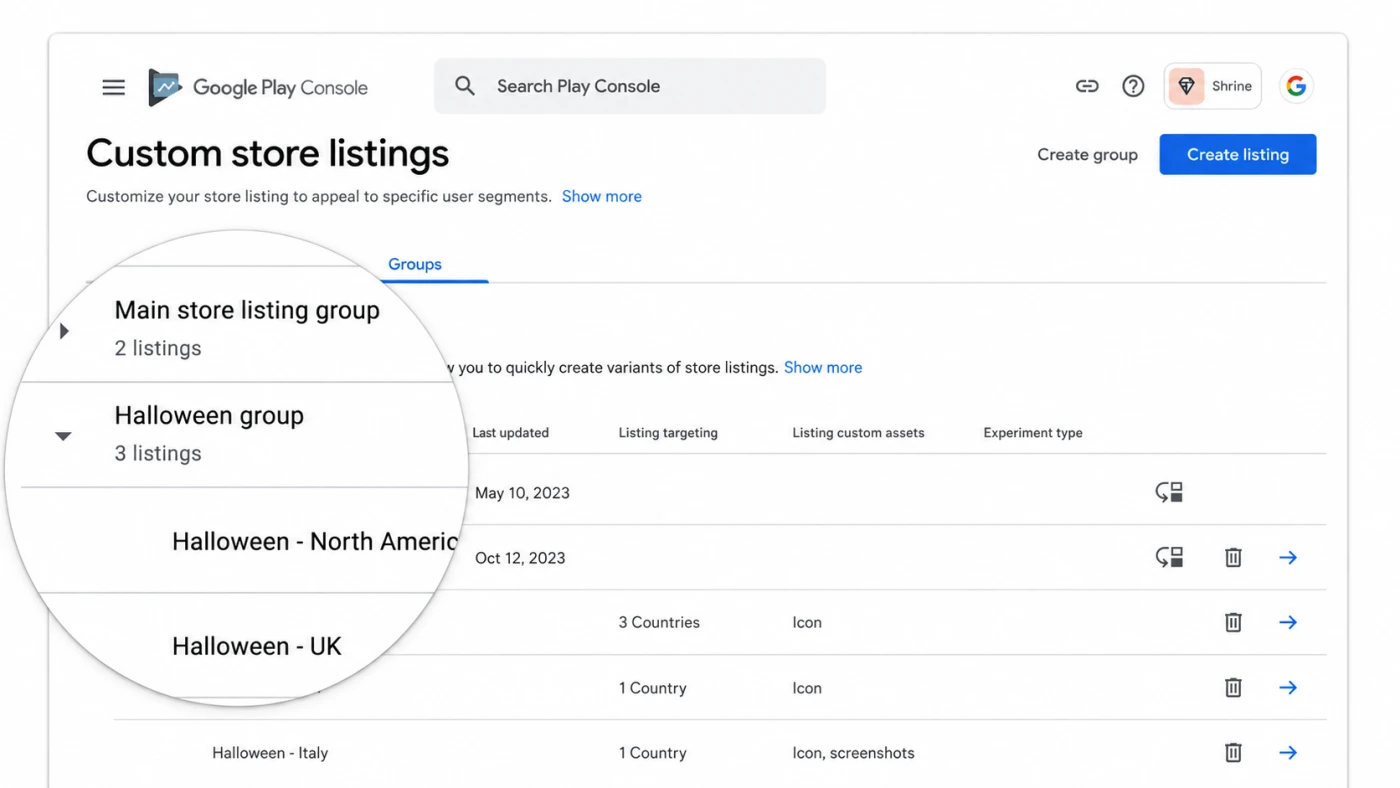 Google Play Console Custom store listings dashboard showing country-targeted listing groups