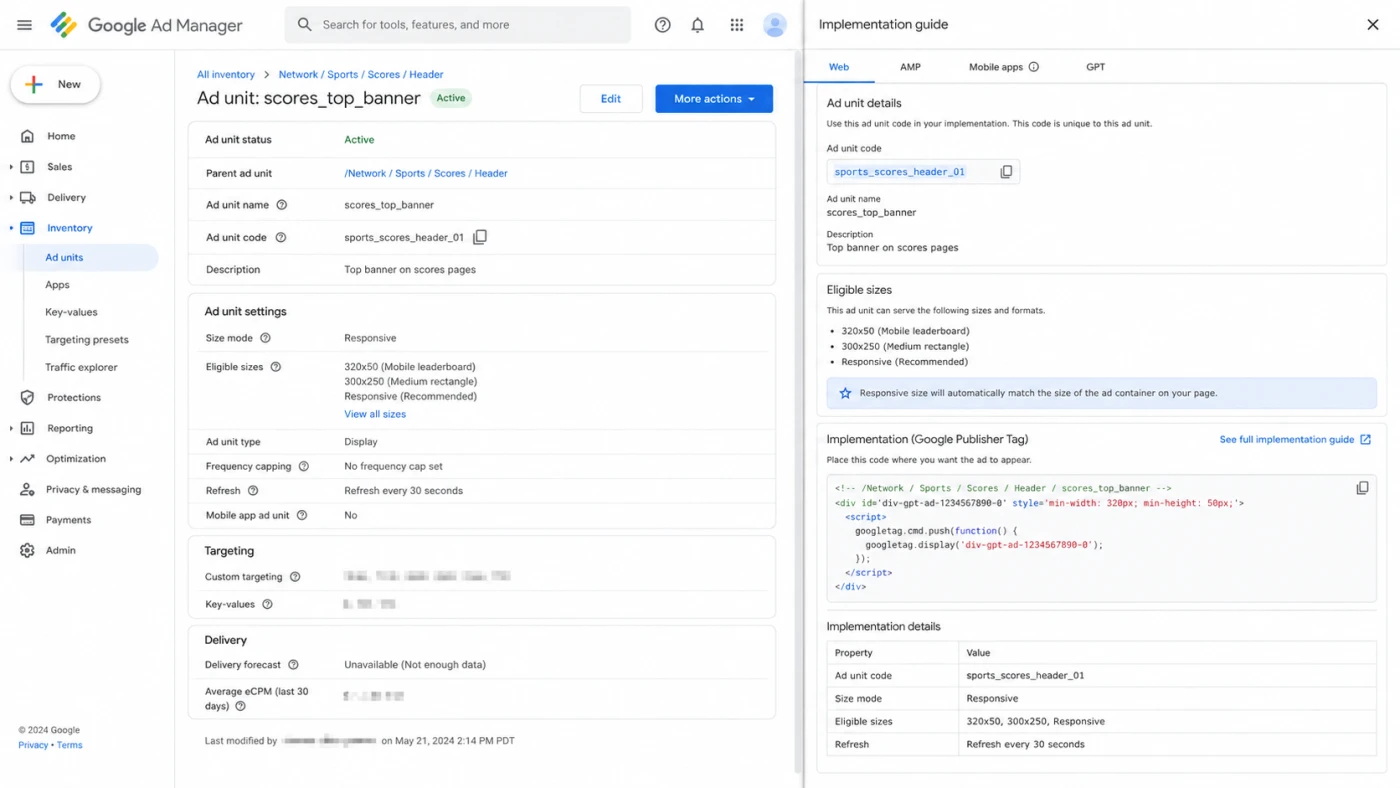 Google Ad Manager ad unit settings mapped to the same inventory identifier and eligible sizes in implementation.