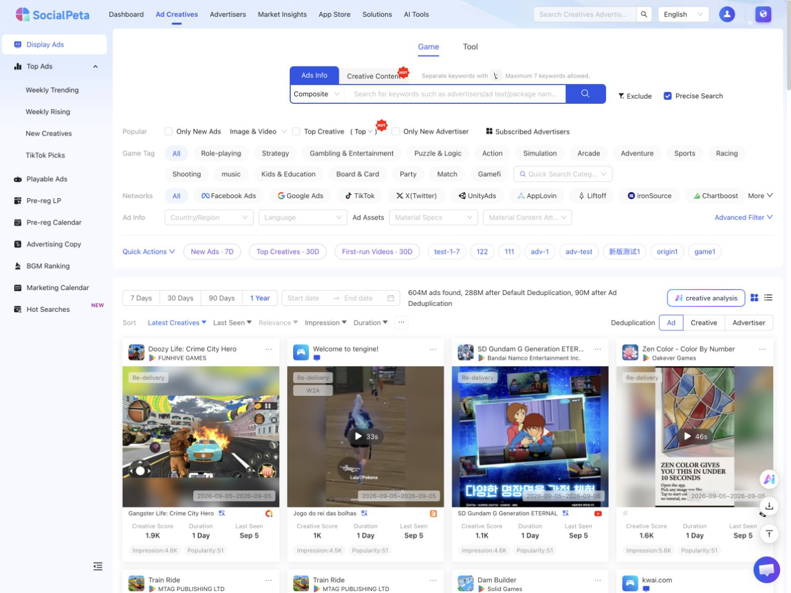 SocialPeta Display Ads search with keyword, channel, country, creative format, CTA, placement, date, and deduplication controls