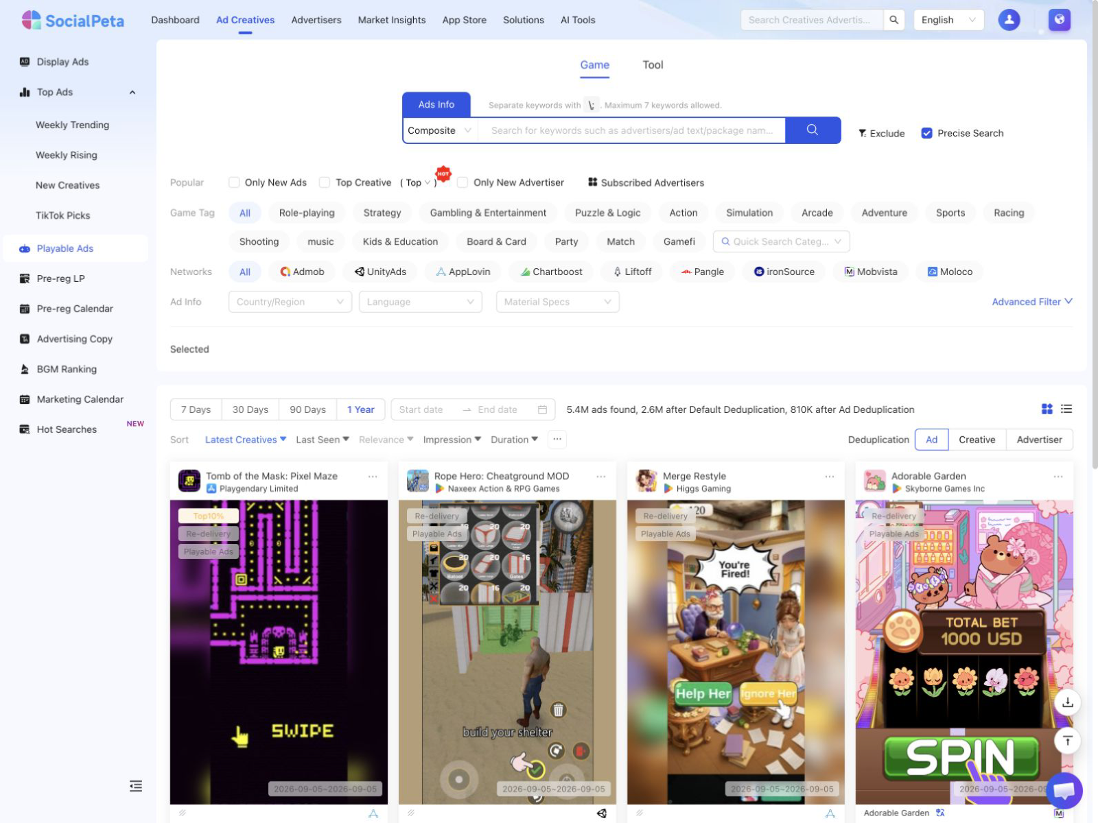 SocialPeta playable ad search with network, country, language, platform, time, and deduplication filters