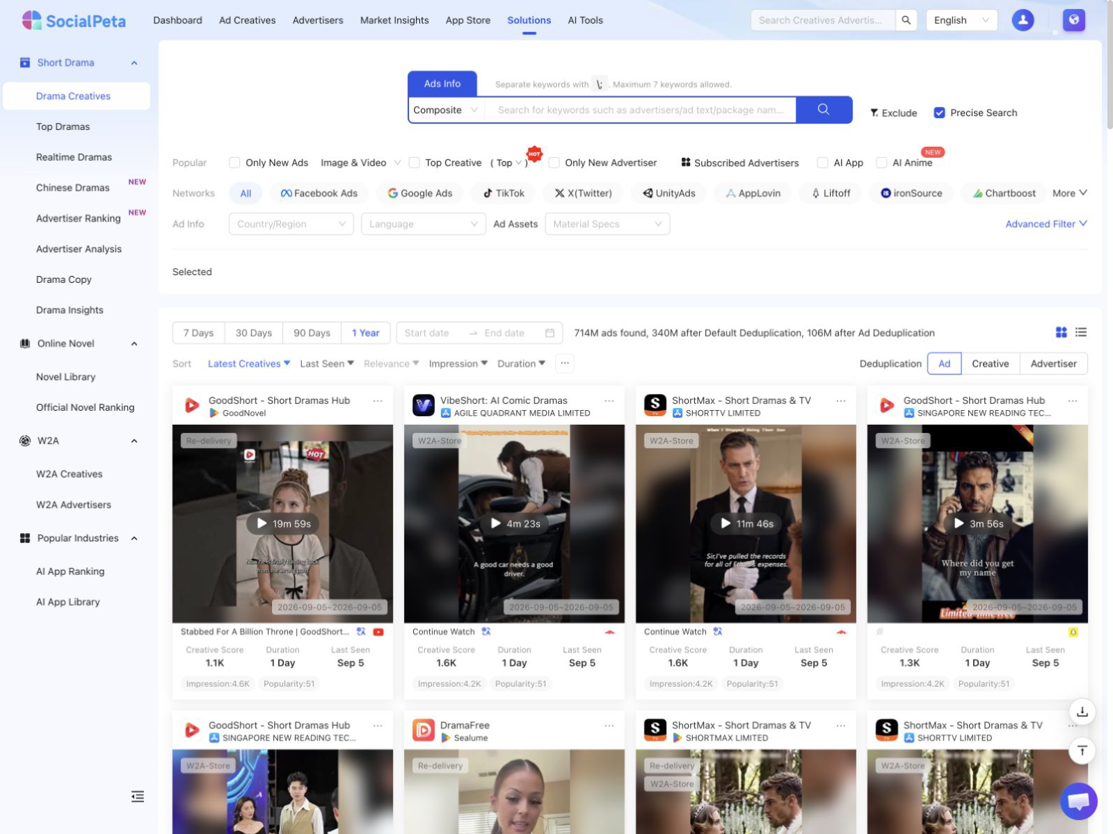 Short drama creative search interface in SocialPeta